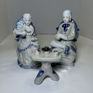 Vintage Victorian/Colonial Iridescent Porcelain Couple Having Tea (3 Pc Set)